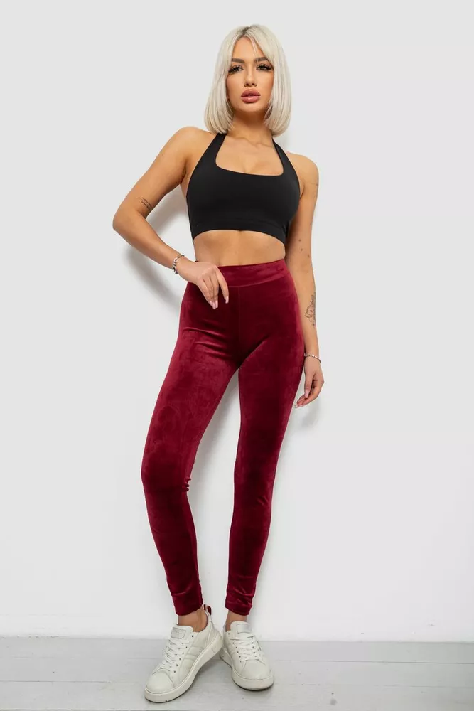 Купить Лосины женские велюровые однотонные, цвет бордовый, 214R263-1 - Фото №2