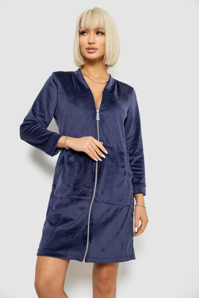 Купить Халат женский велюровый на молнии, цвет синий, 257R1023 - Фото №1