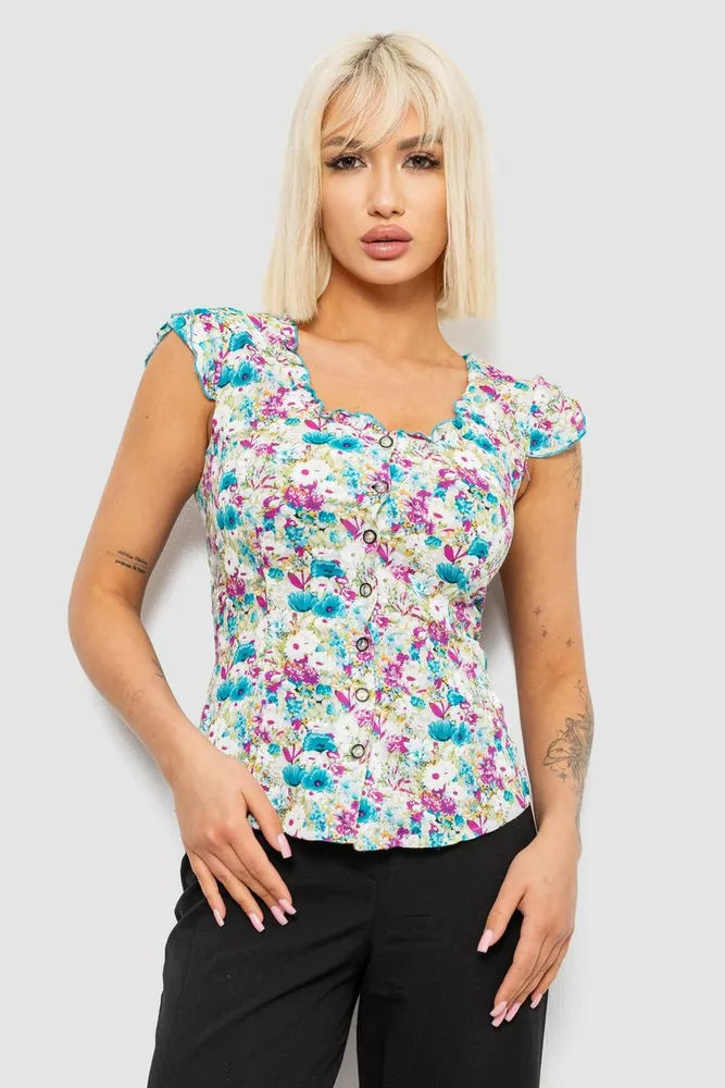 Купить Блуза c цветочным принтом, цвет молочно-бирюзовый, 230R262 - Фото №1