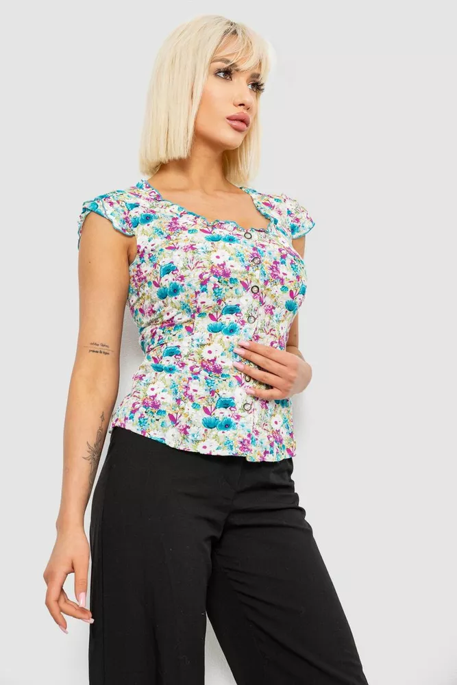 Купить Блуза c цветочным принтом, цвет молочно-бирюзовый, 230R262 - Фото №3