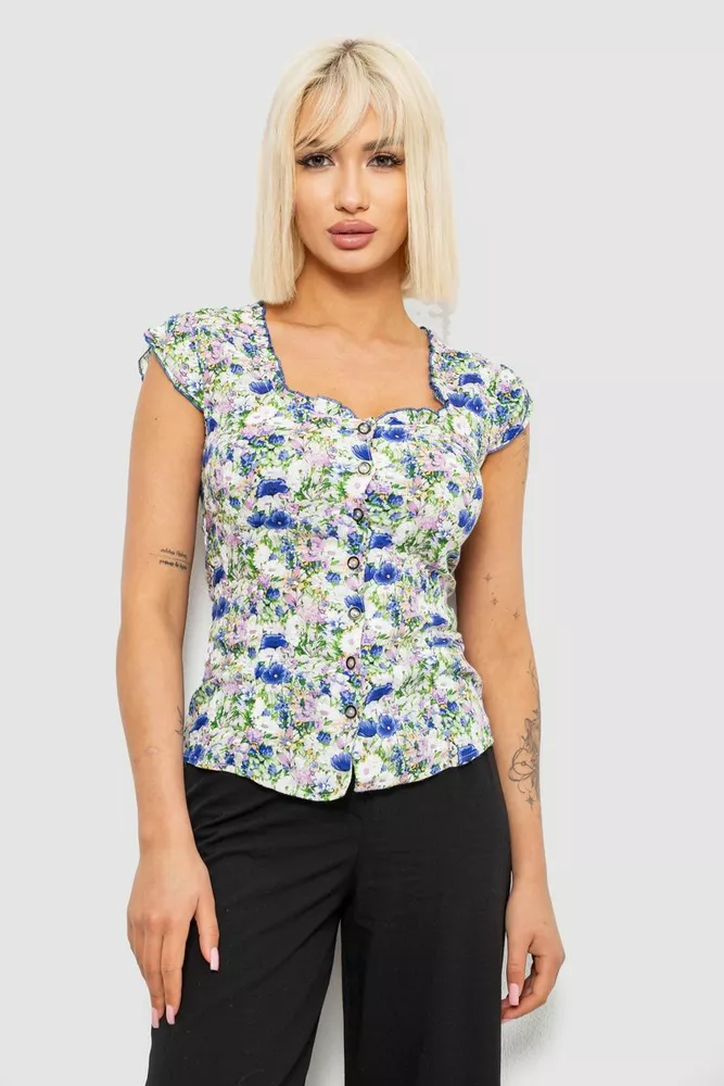 Купить Блуза c цветочным принтом, цвет молочно-синий, 230R262 - Фото №1