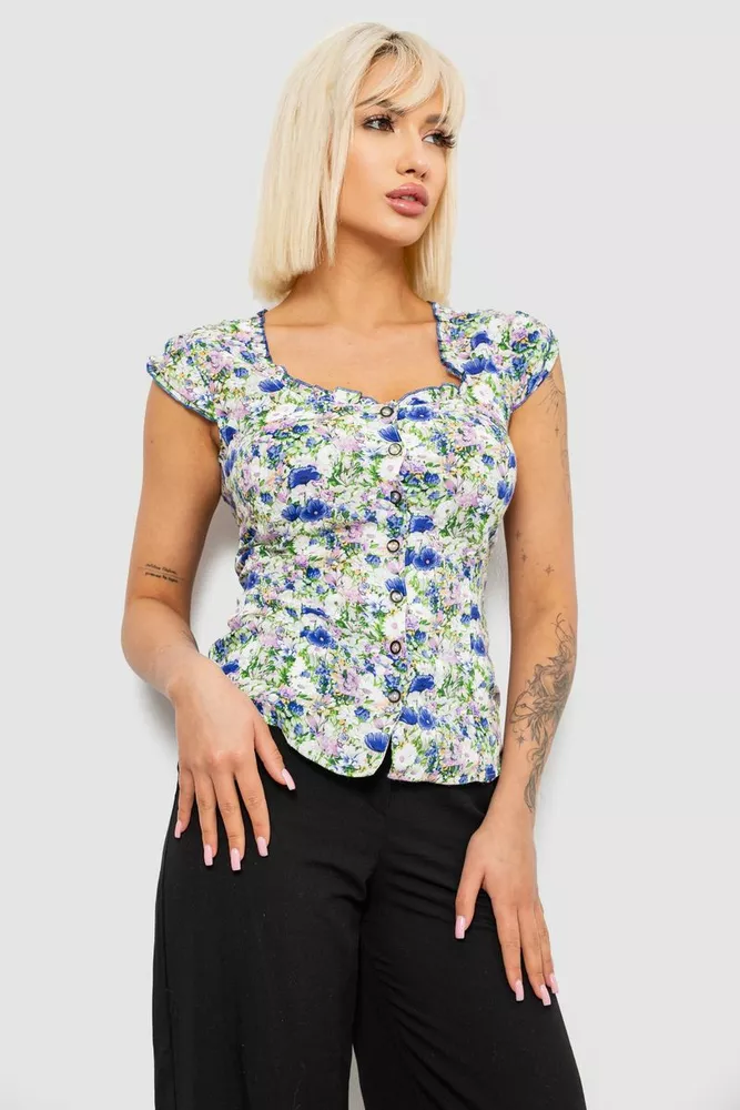 Купить Блуза c цветочным принтом, цвет молочно-синий, 230R262 - Фото №3