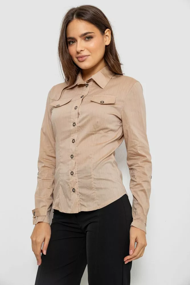 Купить Рубашка женская однотонная  -уценка, цвет бежевый, 230R068-8-U-2 - Фото №3