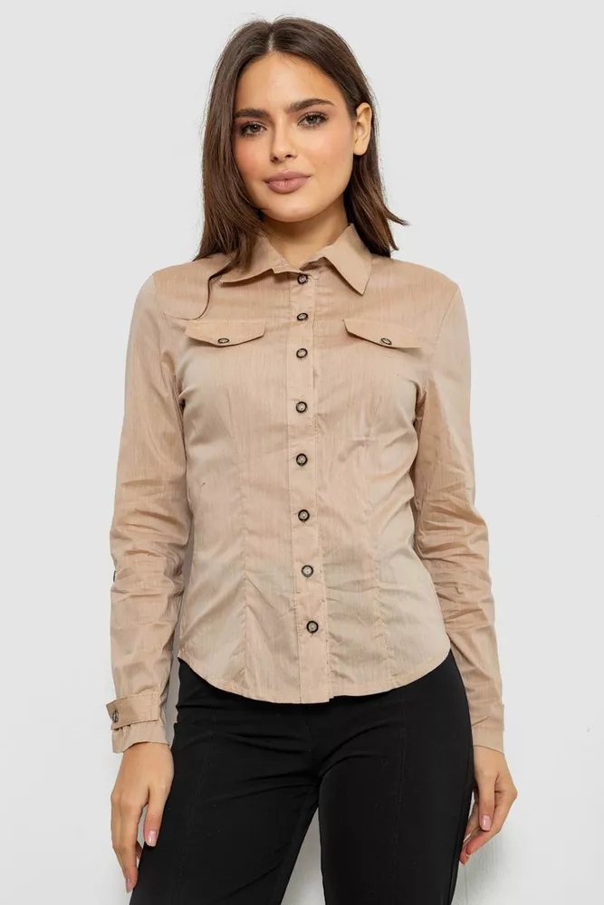 Купить Рубашка женская однотонная  -уценка, цвет бежевый, 230R068-8-U-2 - Фото №1