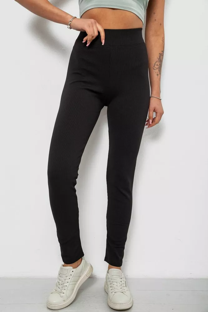 Купить Лосины женские однотонные в рубчик на флисе, цвет черный, 214R325 - Фото №1