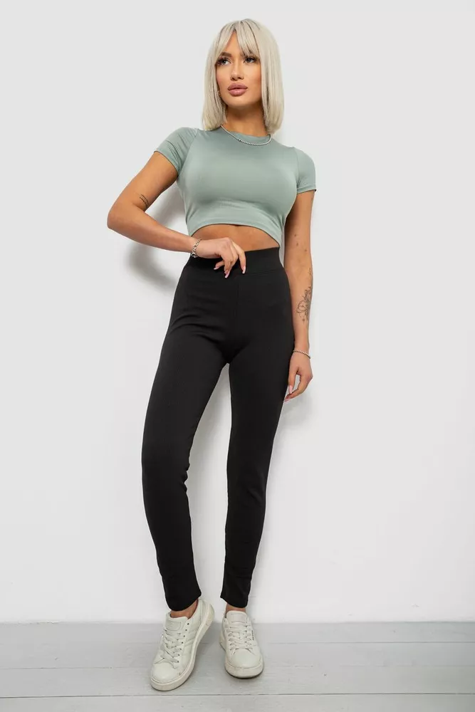 Купить Лосины женские однотонные в рубчик на флисе, цвет черный, 214R325 - Фото №2