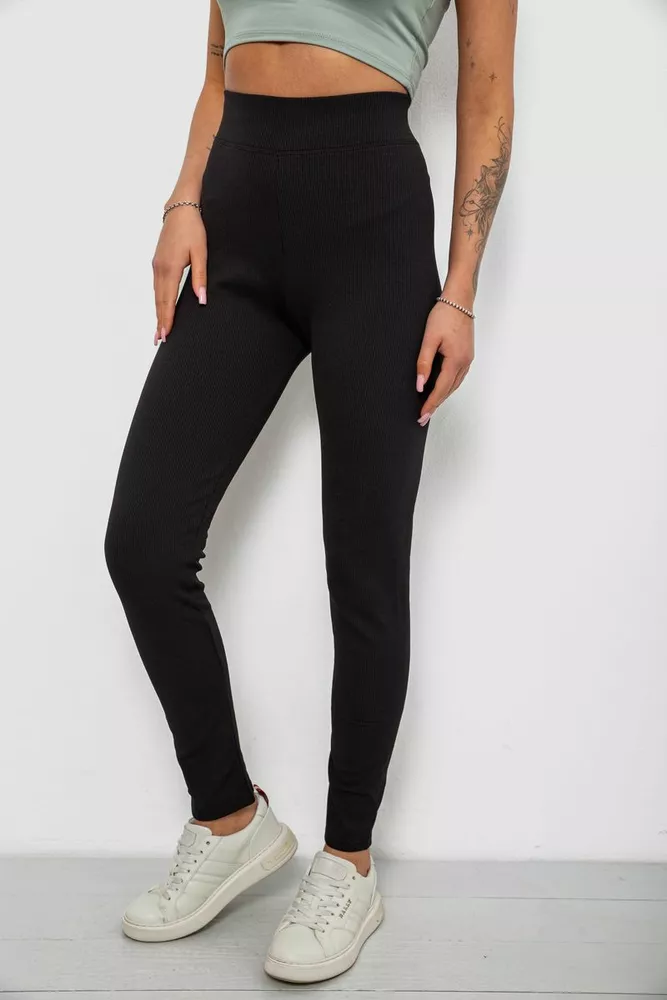 Купить Лосины женские однотонные в рубчик на флисе, цвет черный, 214R325 - Фото №3