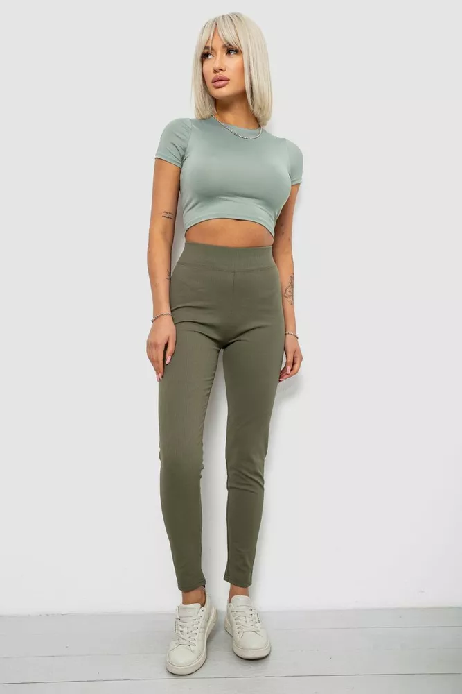 Купить Лосины женские однотонные в рубчик на флисе, цвет оливковый, 214R325 - Фото №2