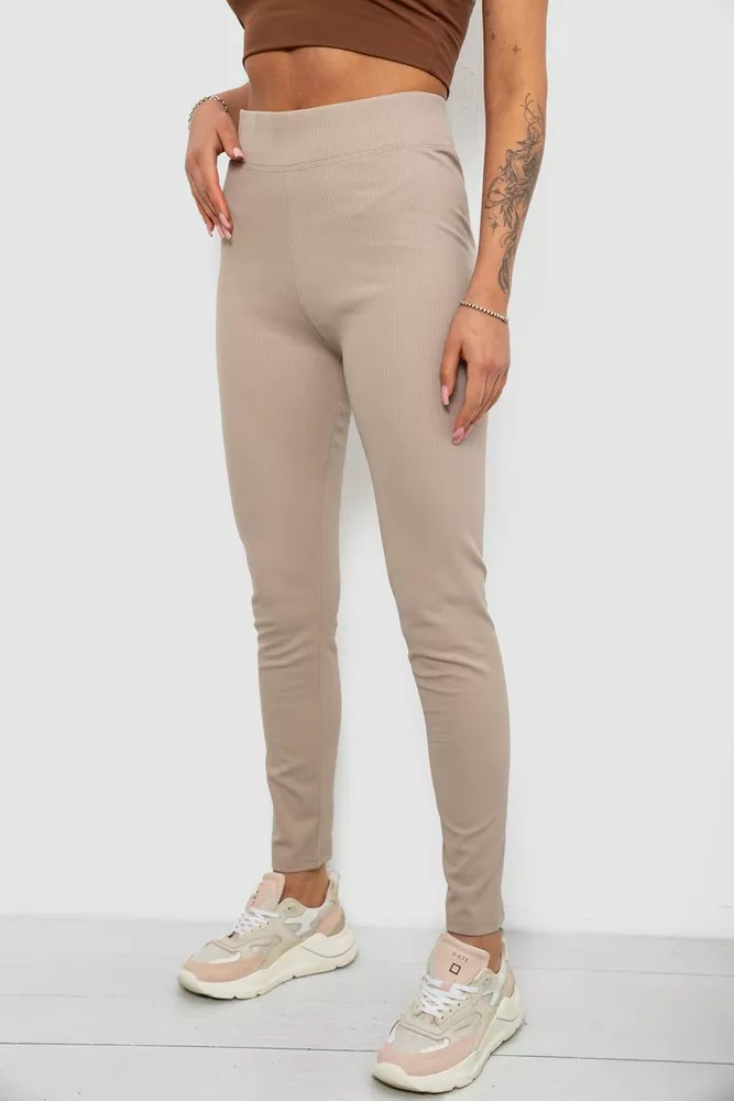 Купити Лосини жіночі однотонні в рубчик на флісі, колір бежевий, 214R325 - Фото №3