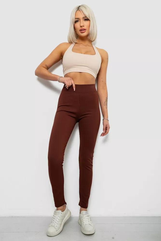 Купити Лосини жіночі однотонні в рубчик на флісі, колір коричневий, 214R325 - Фото №2