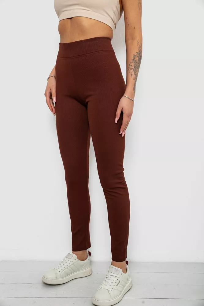 Купити Лосини жіночі однотонні в рубчик на флісі, колір коричневий, 214R325 - Фото №3