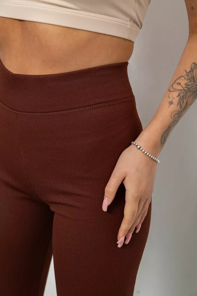 Купити Лосини жіночі однотонні в рубчик на флісі, колір коричневий, 214R325 - Фото №5