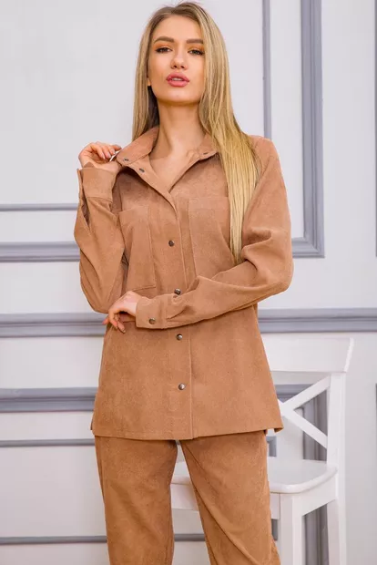 Вельветова жіноча сорочка на кнопках колір Коричневий 102R269