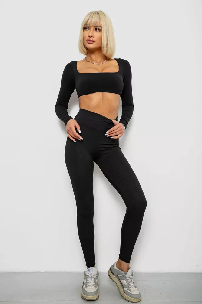 Купить Лосины однотонные в рубчик, цвет черный, 244R312-5 - Фото №2