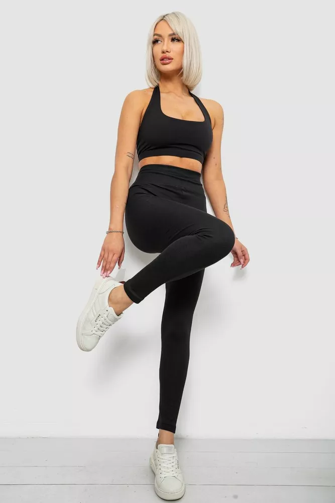 Купити Лосини жіночі однотонні на флісі, колір чорний, 214R335 - Фото №2