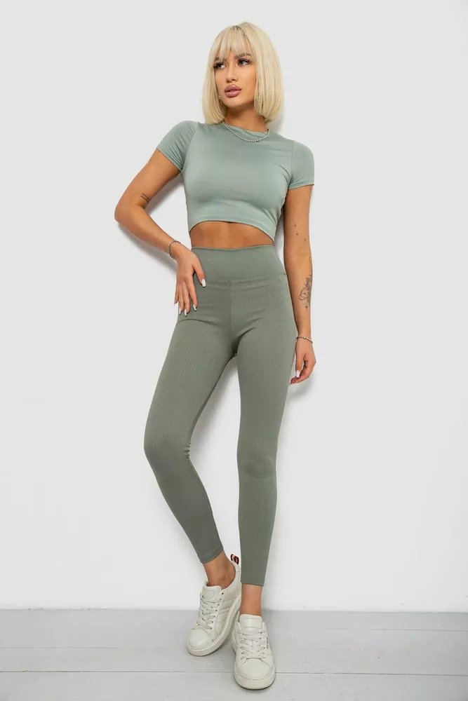 Купить Лосины однотонные в рубчик, цвет оливковый, 244R312-5 - Фото №2