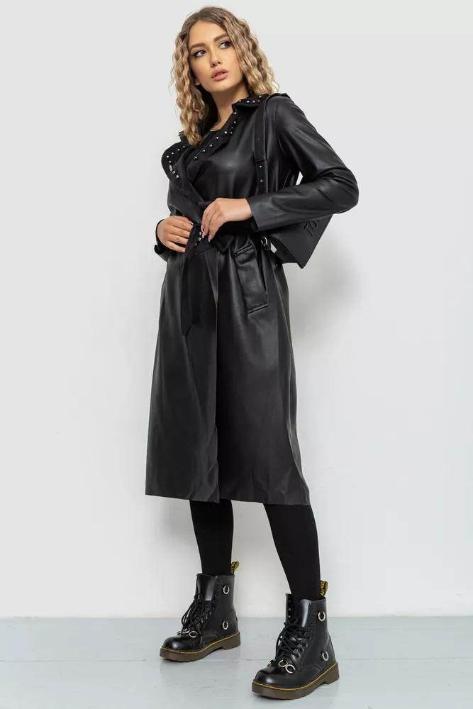 Купить Плащ женский из экокожи, цвет черный, 235R9083 - Фото №3