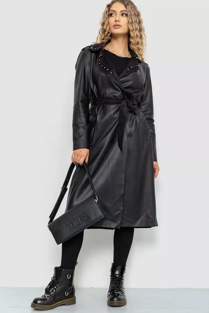 Купить Плащ женский из экокожи, цвет черный, 235R9083 - Фото №1