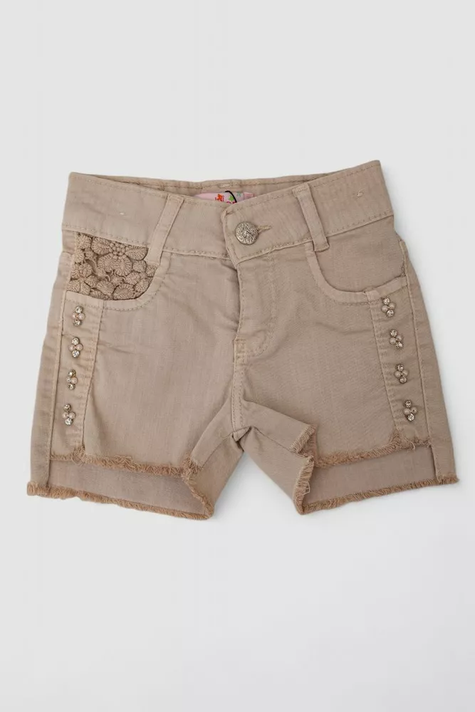 Купити Шорти джинсові для дівчинки  -уцінка, колір темно-бежевий, 247R10036-U-4 - Фото №1