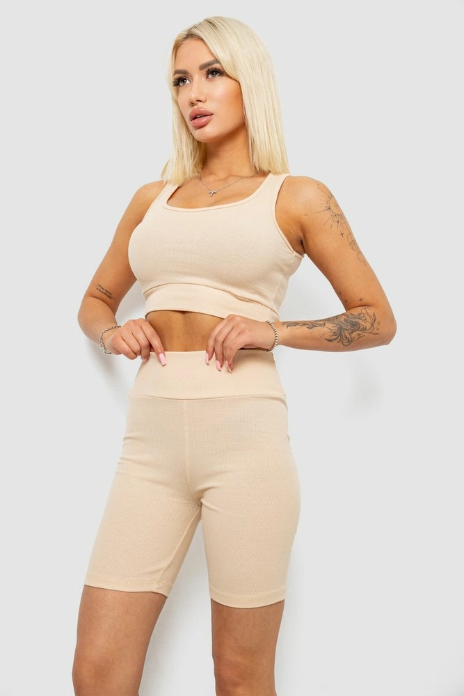 Купить Женский костюм в рубчик топ и шорты 221R3021, цвет Светло-бежевый - Фото №3