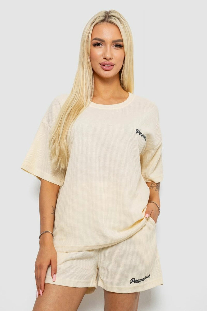 Купить Костюм женский футболка и шорты с принтом, цвет кремовый, 221R6814 - Фото №1