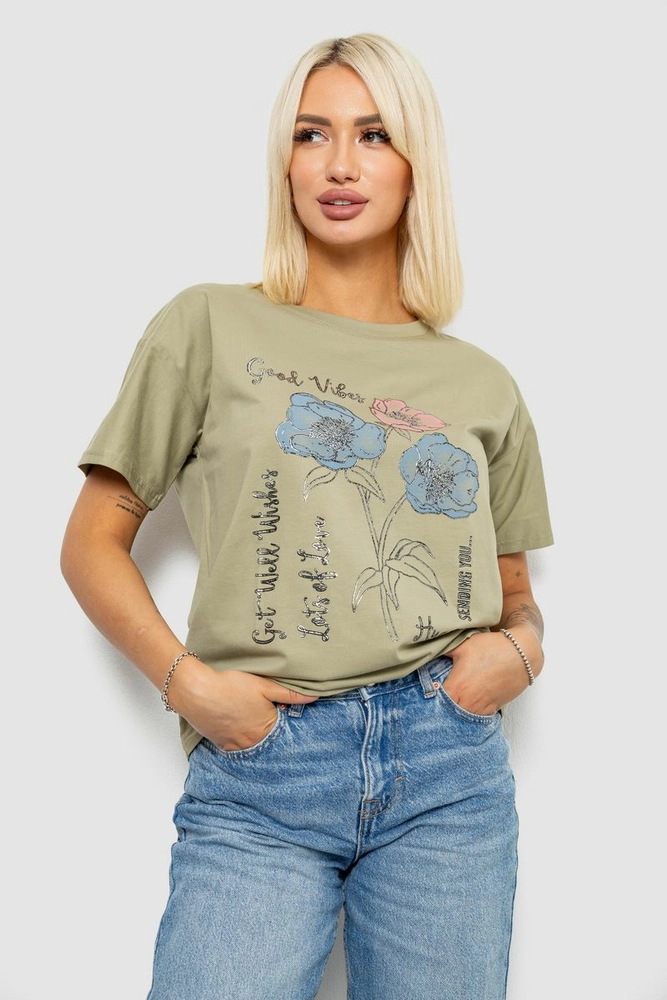 Купити Футболка жіноча з принтом, колір оливковий, 221R2805 - Фото №1