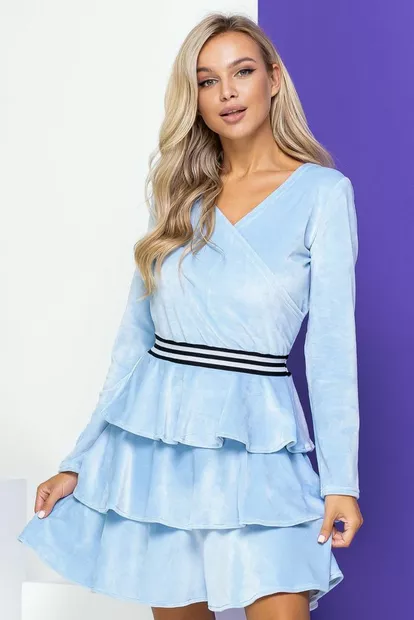 Велюровое платье, с пышной юбкой, голубого цвета, 153R2127