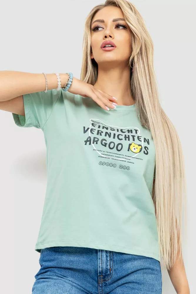 Купити Футболка жіноча з принтом, колір оливковий, 221R3003-1 оптом - Фото №1