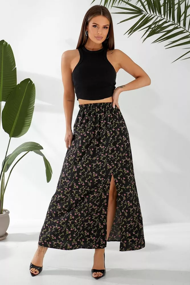 Купить Юбка софт с цветочным принтом, цвет черный, 257R11 - Фото №3