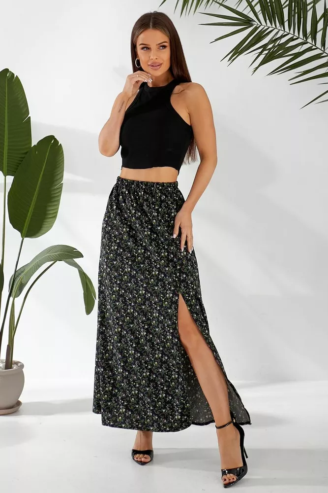 Купить Юбка софт с цветочным принтом, цвет черный, 257R11 - Фото №9