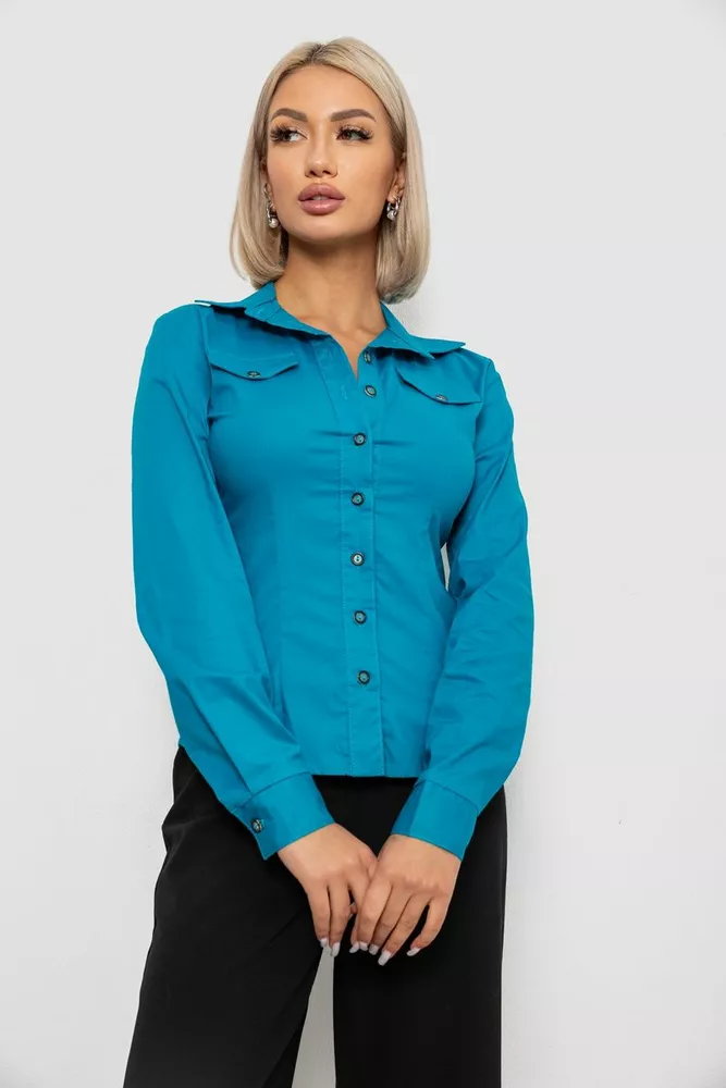 Купить Рубашка женская однотонная, цвет бирюзовый, 230R068 - Фото №1
