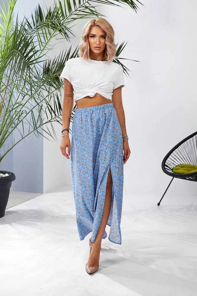 Купити Спідниця софт із квітковим принтом, колір блакитний, 257R11 оптом - Фото №3