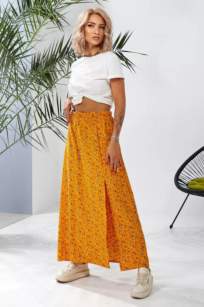 Купити Спідниця софт із квітковим принтом, колір гірчичний, 257R11 - Фото №3