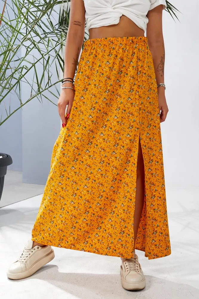 Купити Спідниця софт із квітковим принтом, колір гірчичний, 257R11 - Фото №4
