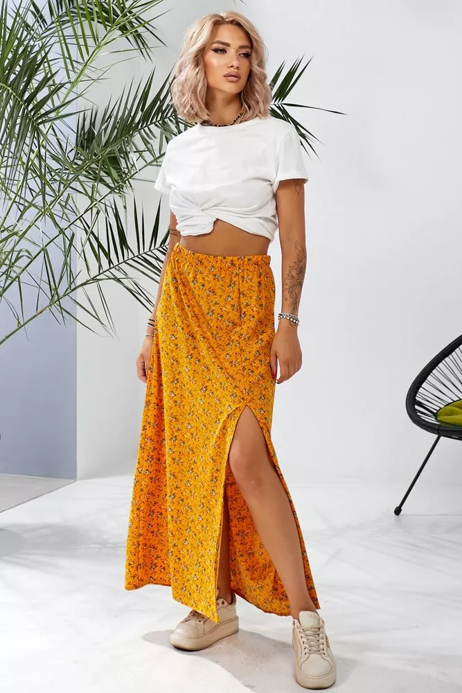 Купити Спідниця софт із квітковим принтом, колір гірчичний, 257R11 - Фото №1