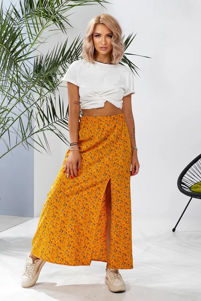 Купити Спідниця софт із квітковим принтом, колір гірчичний, 257R11 - Фото №2