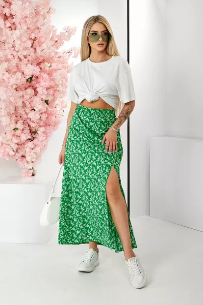 Спідниця софт із квітковим принтом, колір зелений, 257R11