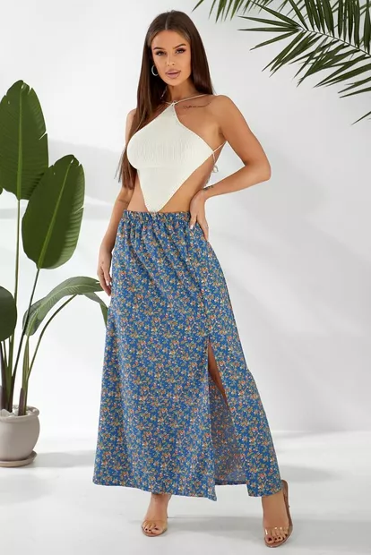 Спідниця софт із квітковим принтом, колір синій, 257R11