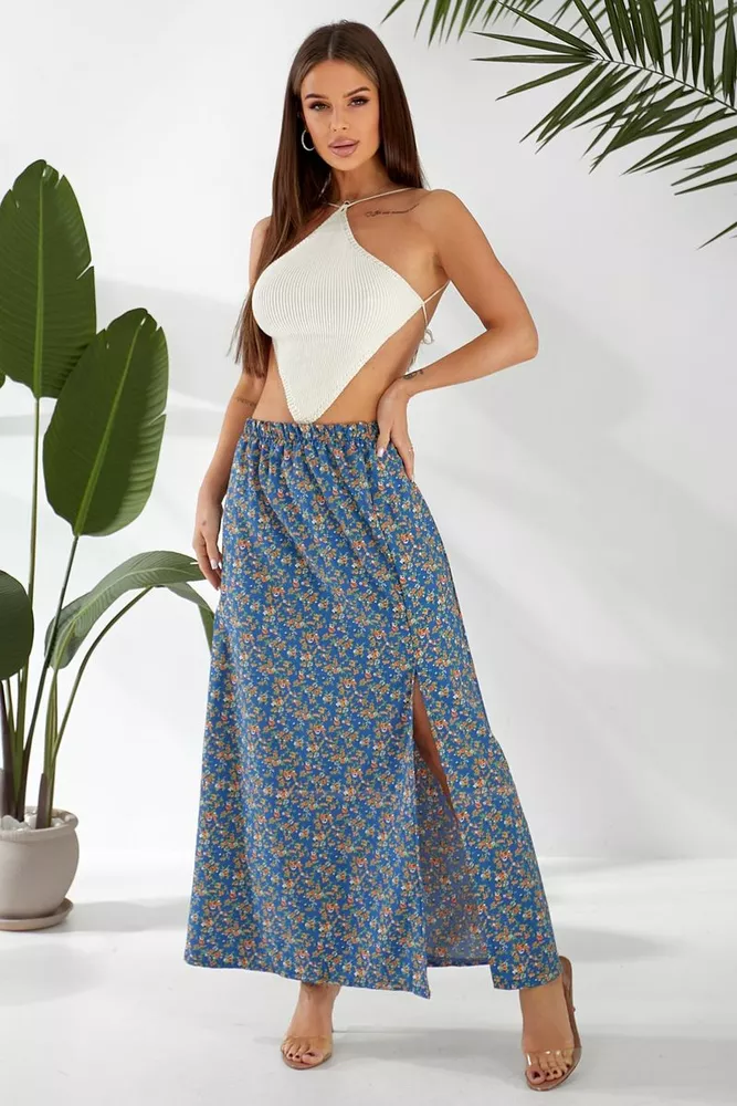 Купити Спідниця софт із квітковим принтом, колір синій, 257R11 - Фото №1