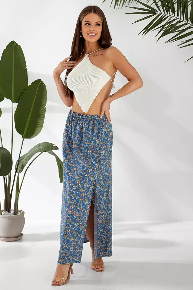 Купити Спідниця софт із квітковим принтом, колір синій, 257R11 - Фото №3