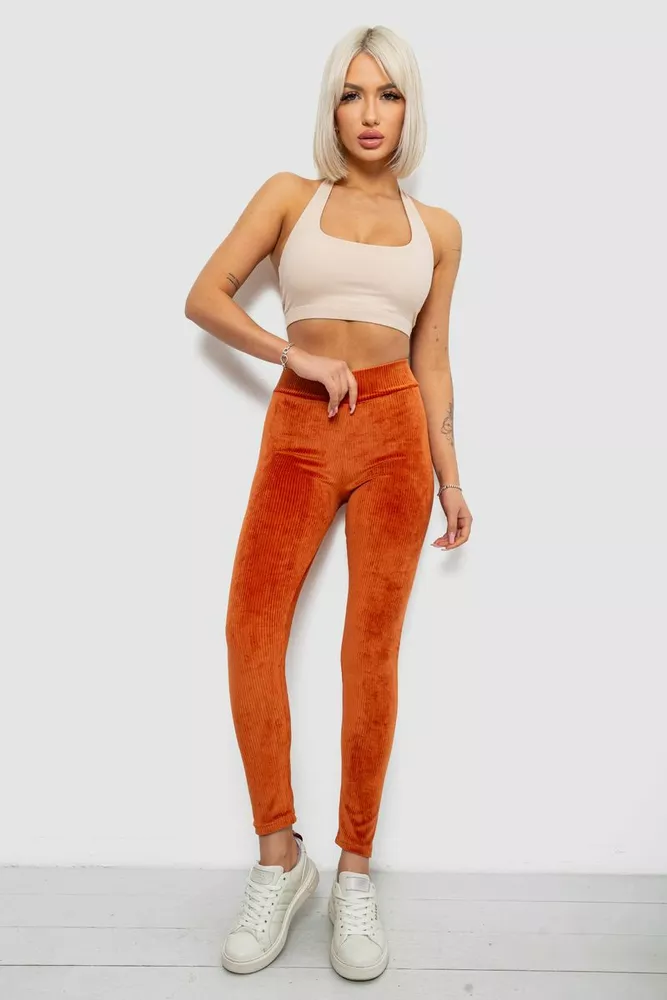 Купити Лосини жіночі велюрові однотонні в рубчик, колір теракотовий, 214R333 - Фото №2