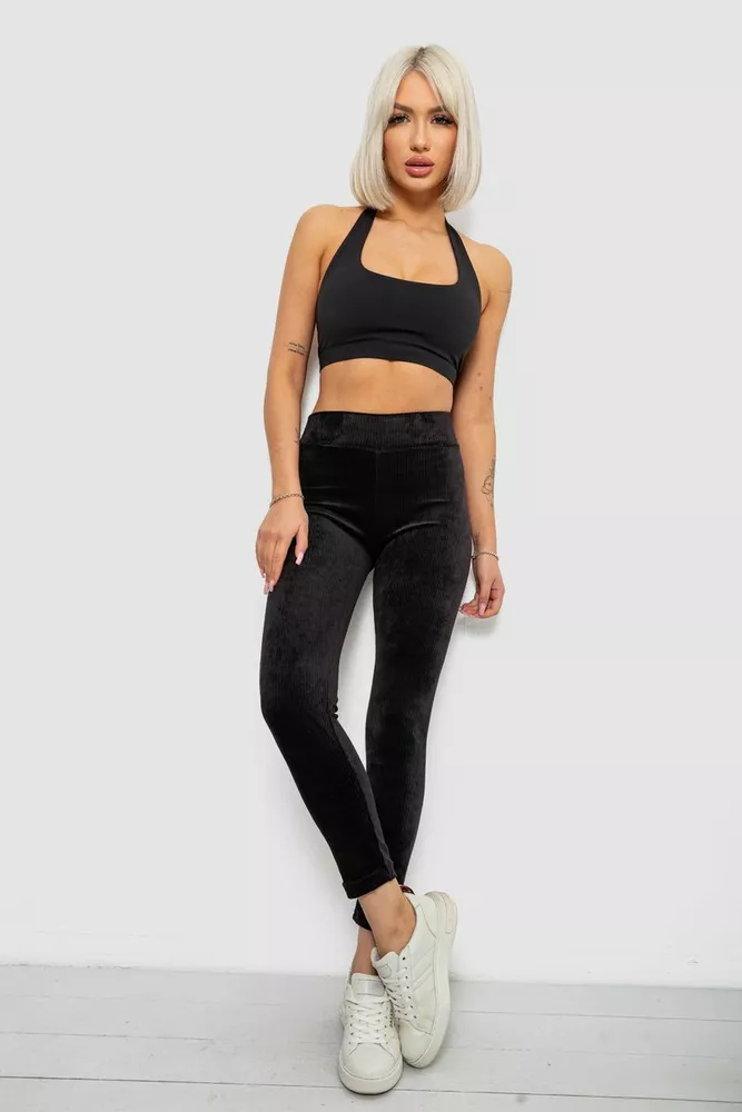 Купити Лосини жіночі велюрові однотонні в рубчик, колір чорний, 214R333 - Фото №2