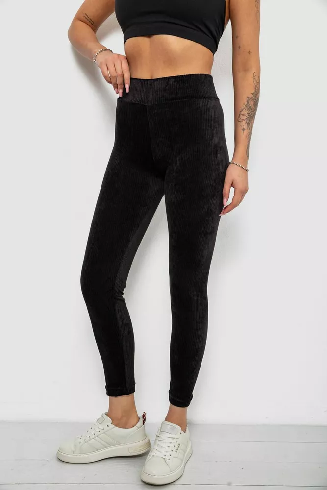 Купити Лосини жіночі велюрові однотонні в рубчик, колір чорний, 214R333 - Фото №3