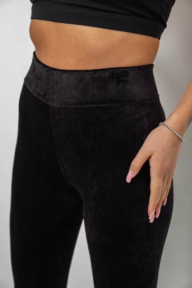 Купити Лосини жіночі велюрові однотонні в рубчик, колір чорний, 214R333 - Фото №5