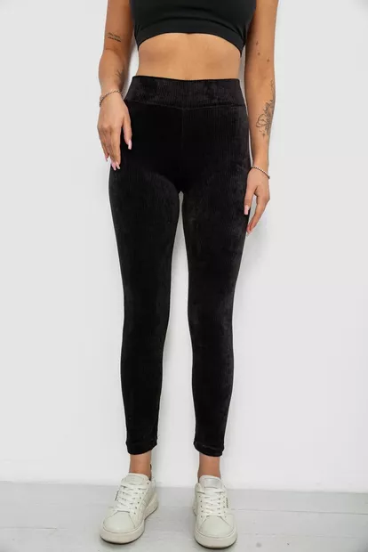 Лосины женские велюровые однотонные в рубчик, цвет черный, 214R333
