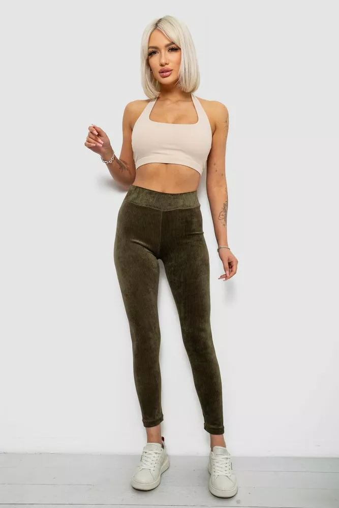 Купити Лосини жіночі велюрові однотонні в рубчик, колір хакі, 214R333 - Фото №2