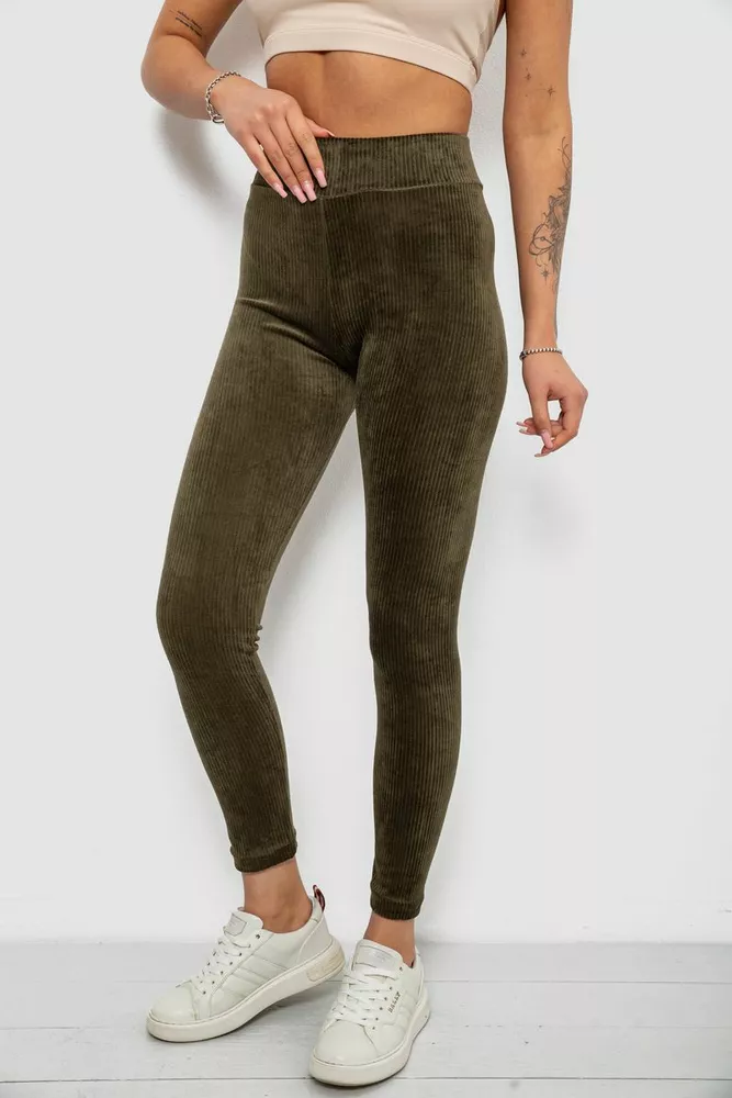 Купити Лосини жіночі велюрові однотонні в рубчик, колір хакі, 214R333 - Фото №3