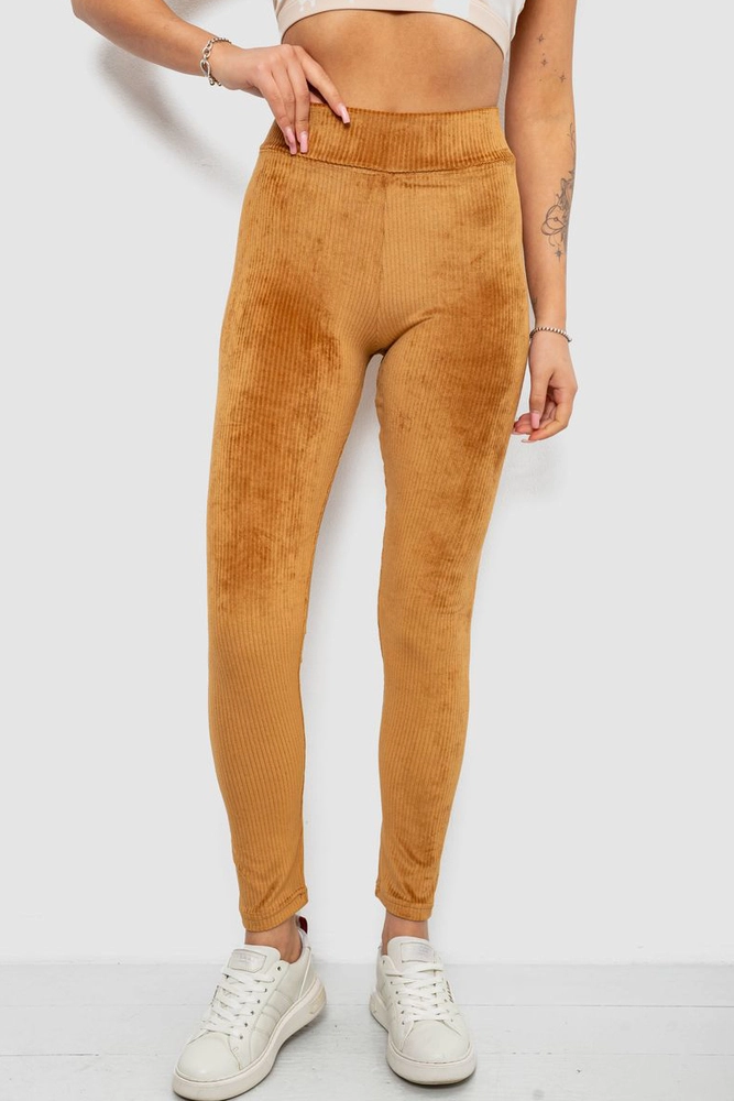 Купити Лосини жіночі велюрові однотонні в рубчик, колір коричневий, 214R333 - Фото №1