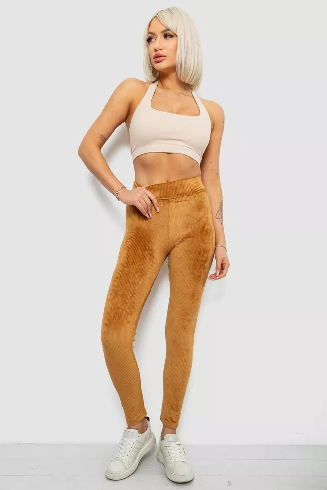 Купити Лосини жіночі велюрові однотонні в рубчик, колір коричневий, 214R333 - Фото №2