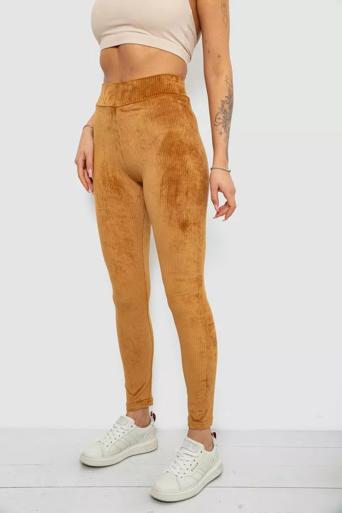 Купити Лосини жіночі велюрові однотонні в рубчик, колір коричневий, 214R333 - Фото №3